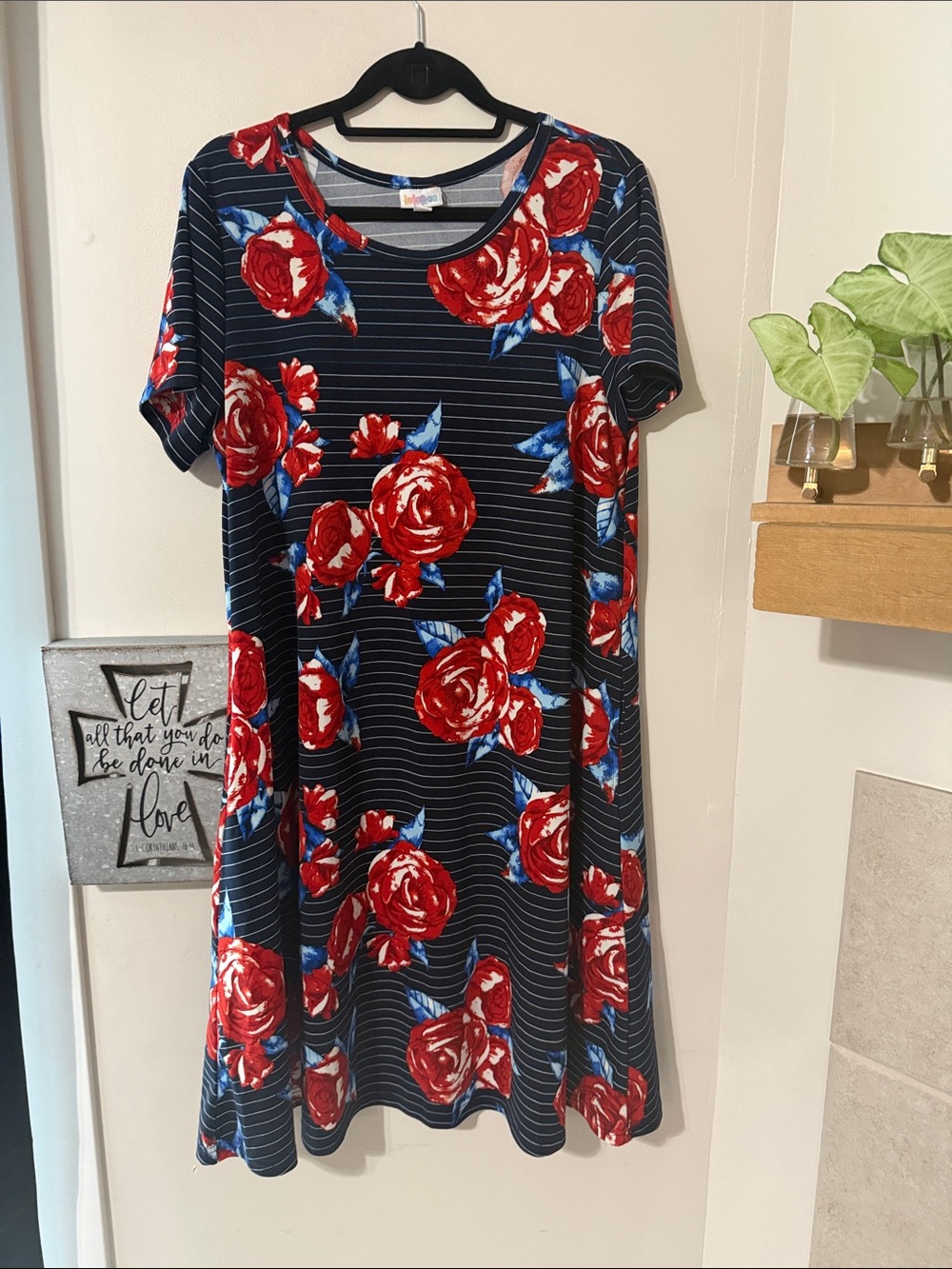 LuLaRoe Navy Midi Dress with Red Rose Print